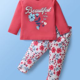 Doodle Poodle 100% Cotton Full Sleeves Text & Floral Printed Night Suit - White & Pink-picture-0