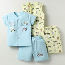 CUCUMBER Sinker Knit Half Sleeves Shorts Co-Ord Night Suits With Motorcycle Print Pack of 2 - Lemon Yellow & Mint Green-image-89