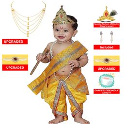 RAJ FANCY DRESSES Woven Sleeveless Gota Lace Embellished & Ethnic Foil Printed Lord Krishna Theme Costume Set - Yellow-image-92