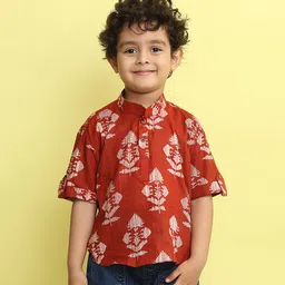 Kinder Kids Cotton Woven Three Fourth Sleeves Floral Printed Shirt - Red-picture-29