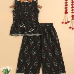 The Magic Wand Cotton Woven Frill Sleeves Ikat Printed Gota Lace Embellished Coordinating Top & Palazzo Set - Black-picture-19