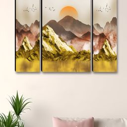 Livin'luxe Gold-Toned & Beige 3 Pieces Sunrise Mountain Wall Arts-picture-31