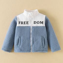 Kookie Kids Full Sleeves Front Open Fur Jacket with Text Print - Sky Blue image 3