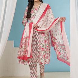 SAK JAIPUR Women Floral Printed Regular Pure Cotton Kurta with Trousers & Dupatta-picture-41
