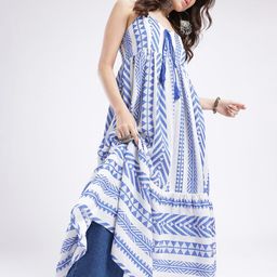glitchez Geometric Printed Gathers Tie-Up Flared Hem A-Line Midi Dress-picture-7