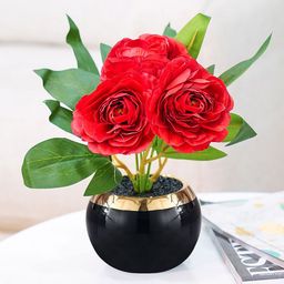 Ekhasa Red & Green Roses Artificial Flower With Cement Vase Pot-image-89