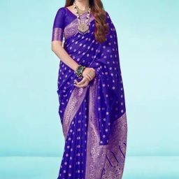 Satrani Blue Woven Saree With Unstitched Blouse-image-97