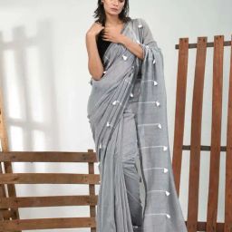 CHARUKRITI Grey Cotton Embroidered Saree With Unstitched Blouse-picture-12