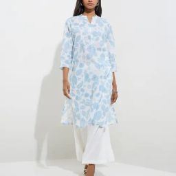 Utsa by Westside Light Blue Foliage Design Straight Cotton Kurta-image-50