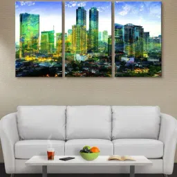 999Store Green & Blue Buildings Art 3 Frame Canvas Paintings-37