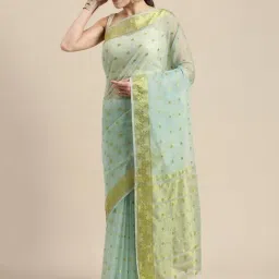 Geroo Jaipur Sky Blue Zari Woven Saree With Blouse-30