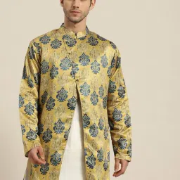 SOJANYA Yellow Comfort Fit Floral Print Sherwani Jacket-picture-17