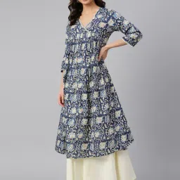 Janasya Navy Cotton Printed A Line Kurta-picture-47