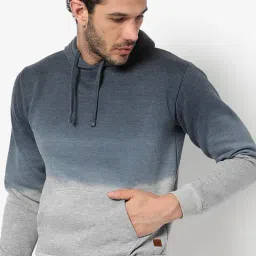 Campus Sutra Grey & Blue Cotton Regular Fit Colour-Block Hooded Sweatshirt-27