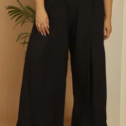 The Rebelinme Black 100% Rayon Solid Relaxed Fit Casualtrousers-image-97