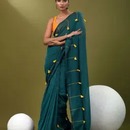 CHARUKRITI Green Cotton Embroidered Saree With Unstitched Blouse-image-87