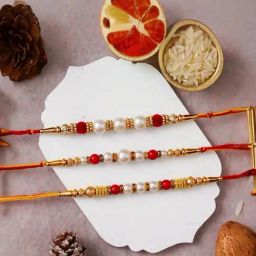 eCraftIndia Set of 3 Pearls Beads Rakhis for Brothers with Sibling Agreement & Roli Chawal Pack-image-10