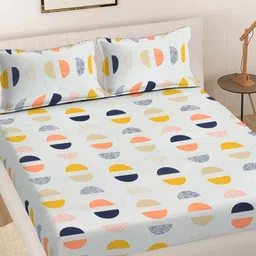 FABINALIV Off White & Navy Blue Geometric 300 TC King Bedsheet with 2 Pillow Covers-picture-19