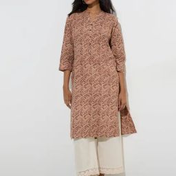 Utsa by Westside Light Brown Leaf Printed Straight Cotton Kurta-image-18