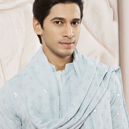 VASTRAMAY Men Embroidered Regular Sequinned Kurta with Trousers & With Dupatta image 5
