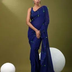 CHARUKRITI Blue Cotton Embroidered Saree With Unstitched Blouse-image-50