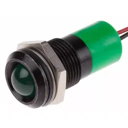 RS PRO Green Panel Mount Indicator 24V DC, Mounting Hole Size 14 mm, Termination Type Lead Wires, IP Rating IP67, Model No 7227441-7