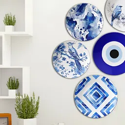 THE QUIRKY HOME 5 Pieces White & Blue Hues On Display Ceramic Wall Plates-image-72