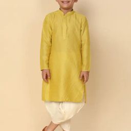 KISAH Yellow & Cream Printed Full Sleeves Kurta with Dhoti-image-5