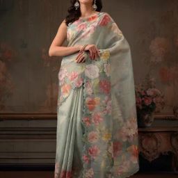 Silk Land Kota Doria Tissue Silk Printed Saree With Cutwork Border-image-85