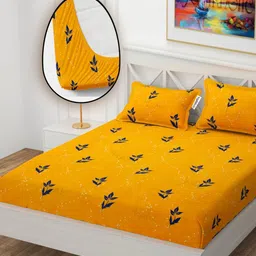 YaAkholic Yellow & Navy Blue 210 TC Queen Bedsheet with 2 Pillow Covers-image-70