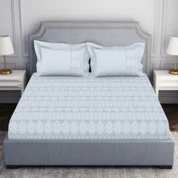 SPACES Grey & White Ethnic Motifs 144 TC Cotton Queen Bedsheet With 2 Pillow Covers-97