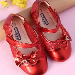 Cute Walk by Babyhug Metallic Party Wear Sandals Bow Applique - Red-image-6
