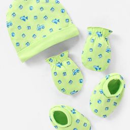 Babyhug 100% Cotton Cap Mittens And Booties Set Airplane Pattern Green - Diameter 9.5 cm-image-60