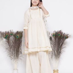 Little Bansi Three Fourth Sleeves Striped Thread Work Dress Style Floral Embroidered Lace Tape Embellished Kurta & Sharara With Dupatta - Cream-picture-22