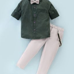 Mark & Mia Full Sleeves Polka Dots Party Shirt & Trouser Set With Bow Tie & Suspenders - Green & Beige-image-18