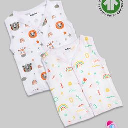 Kidbea 100 % Cotton Muslin Pack Of 2 Sleeveless Tiger & Rainbow Assorted Print Jhablas - White-picture-15