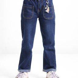 Babyhug Denim Full Length With Stretch Jeans Solid Colour With Unicorn Keychain - Blue-image-50