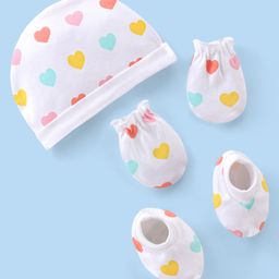Babyhug 100% Cotton Cap Mittens And Booties Heart Printed - White-image-14
