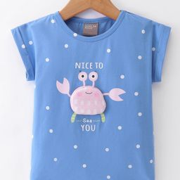 Little Kangaroos 100% Cotton Half Sleeves Top with Crab Applique & Text Print - Royal Blue-image-51