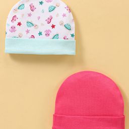 Ben Benny Cotton Knit Caps Solid & Sea Life Theme Print Pack of 2 White & Pink Diameter 9 cm-24
