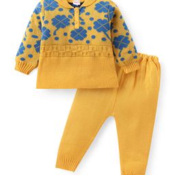Babyhug Knitted Full Sleeves Sweater Set with Floral Design - Yellow-image-81