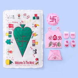 New Born Baby Girl Chhathi Puja Clothing Set Pack of 5 with Gadda- White & Pink-14
