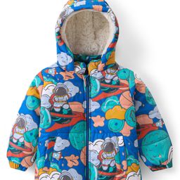 Babyhug Woven Full Sleeves Padded Hooded Jacket With Space Theme Design - Blue-image-65