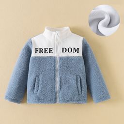 Kookie Kids Full Sleeves Front Open Fur Jacket with Text Print - Sky Blue-picture-6