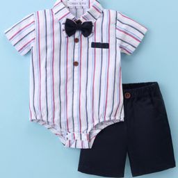 Mark & Mia Woven Half Sleeves Striped Party Onesie with Shorts & Bow - Blue-image-34