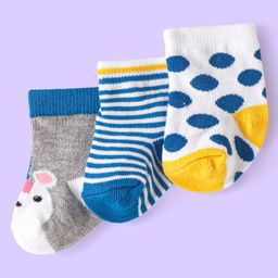 Cute Walk by Babyhug Knit Ankle Length Antibacterial Socks with Bear Design & Stripes Pack of 3 - White & Grey-image-48