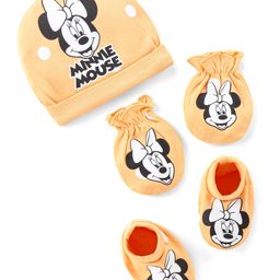 Babyhug Disney Interlock Knit Cap Mittens & Booties Set with Star & Minnie Mouse Print - Light Peach-27