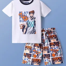Pine Kids Single Jersey Knit Half Sleeves Shorts Night Suit With Rugby Ball Print - White-picture-36