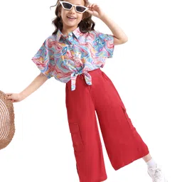 ollington st. Ollington St.Woven Half Sleeves Printed Knot Tie-Up Shirt Style Top & Twill Cullote Pant Set - Pink & Red-picture-22