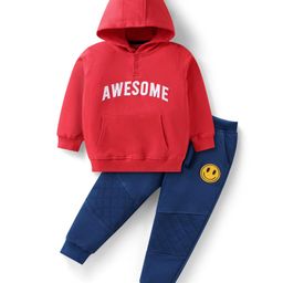 Babyhug Terry Knit Full Sleeves Hooded Sweatshirt & Lounge Pant with Text Print - Red & Blue-image-75